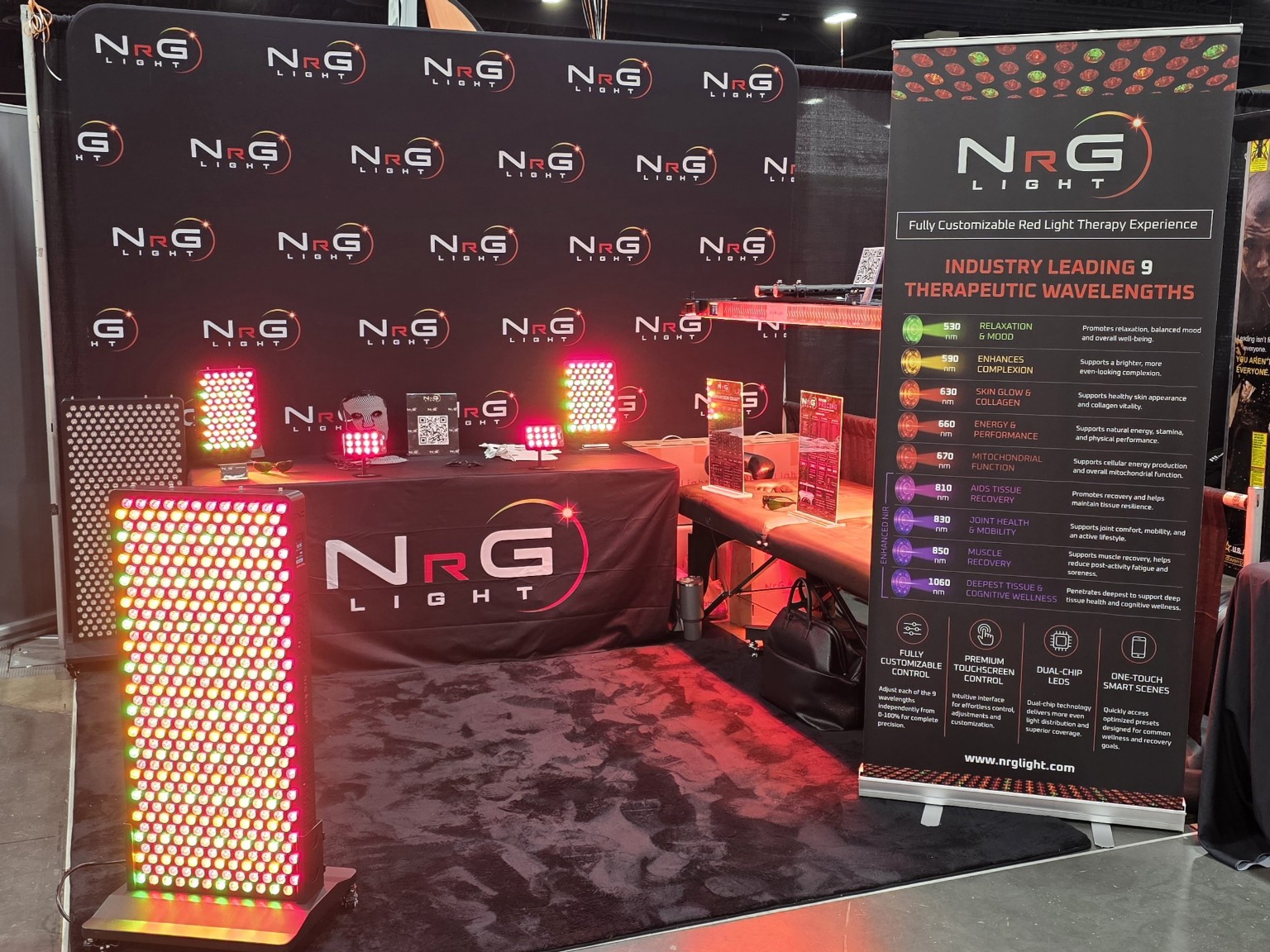 NrG Light booth with illuminated light therapy panels at Utah FitCon in May 2026