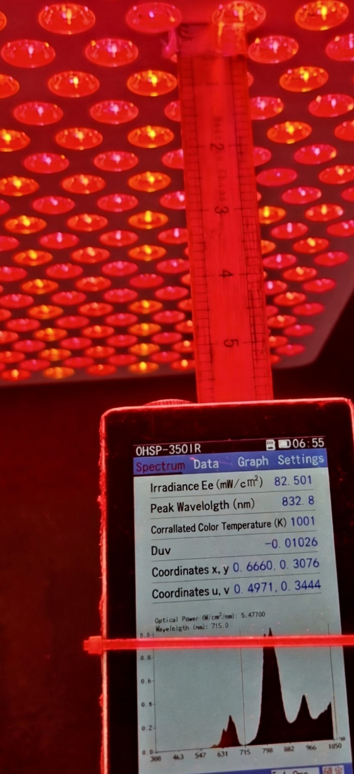 OHSP-350IR spectrometer measuring NrG Phoenix irradiance at 6 inches, reading 82.501 mW per square centimeter