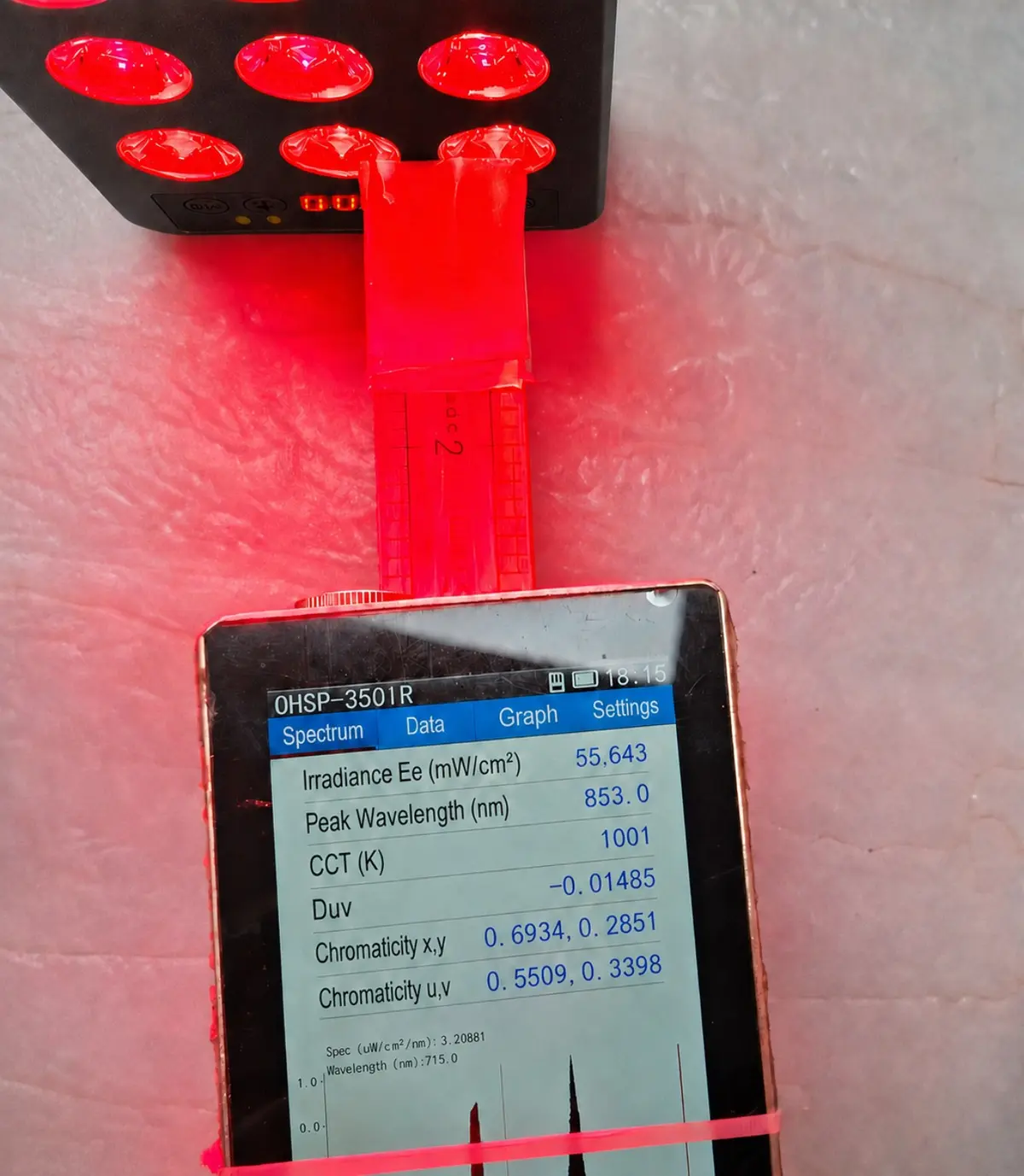 OHSP-350IR spectrometer measuring NrG Spark irradiance at 3 inches and displaying 55.643 milliwatts per square centimeter